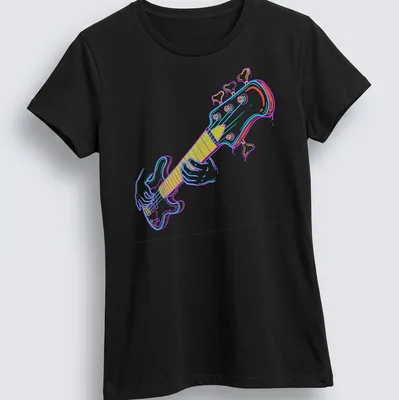 Colorful line-art of a bass guitar player in pink, blue, yellow, and white — printed on a women's shirt