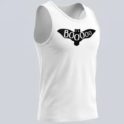 Cute bat illustration with text saying Booooo for Halloween. — printed on a tank top
