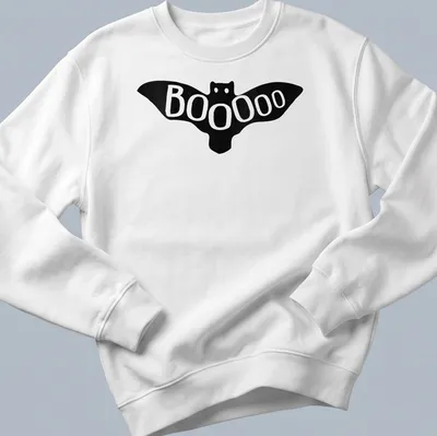Cute bat illustration with text saying Booooo for Halloween. — printed on a unisex sweatshirt
