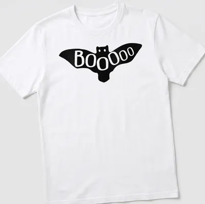 Cute bat illustration with text saying Booooo for Halloween.