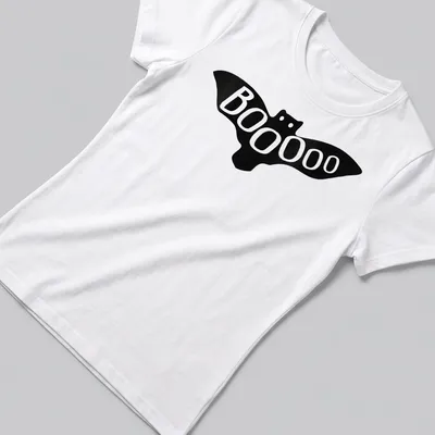 Cute bat illustration with text saying Booooo for Halloween. — printed on a women's shirt