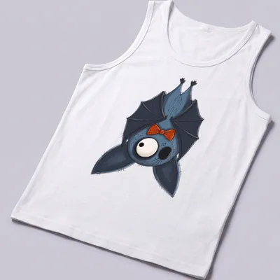 Kawaii bat graphic wearing an orange bow tie in blue, black, and white colors. — printed on a tank top