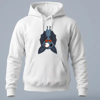 Kawaii bat graphic wearing an orange bow tie in blue, black, and white colors. — printed on a unisex hoodie