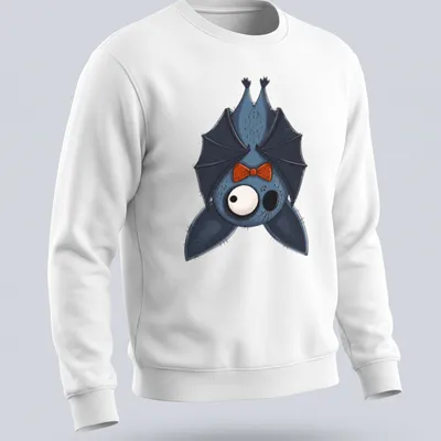 Kawaii bat graphic wearing an orange bow tie in blue, black, and white colors. — printed on a unisex sweatshirt