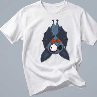Kawaii bat graphic wearing an orange bow tie in blue, black, and white colors.