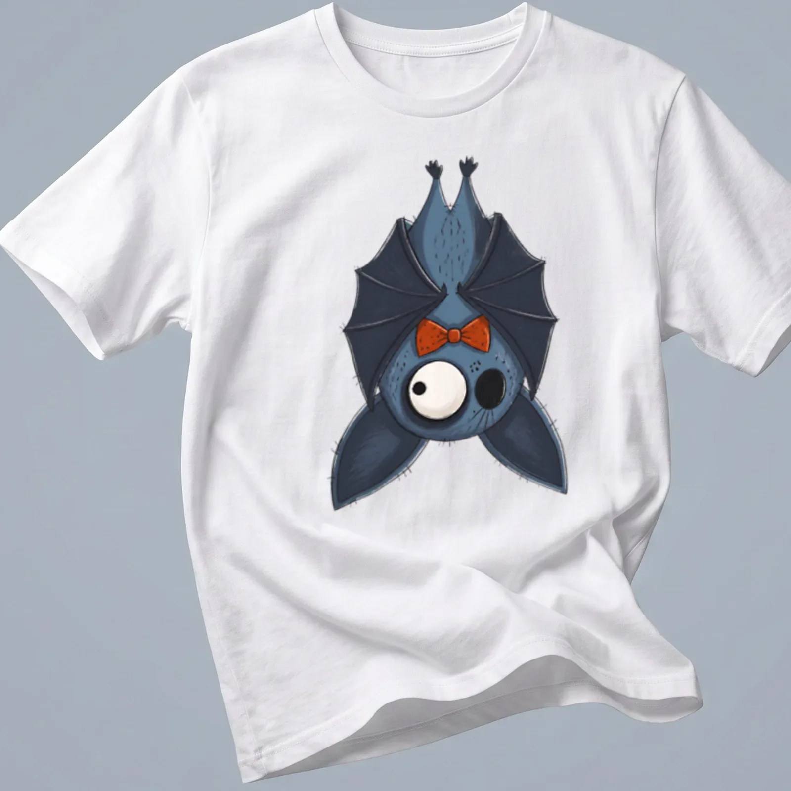 Kawaii bat graphic wearing an orange bow tie in blue, black, and white colors. — printed on a unisex t-shirt