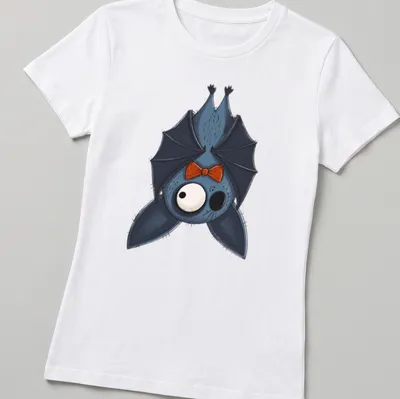 Kawaii bat graphic wearing an orange bow tie in blue, black, and white colors. — printed on a women's shirt