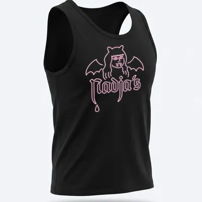 Neon pink Bat Woman design featuring the text Nadja's in bold typography. — printed on a tank top