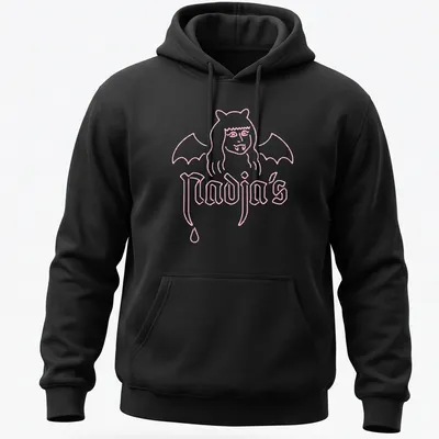 Neon pink Bat Woman design featuring the text Nadja's in bold typography. — printed on a unisex hoodie