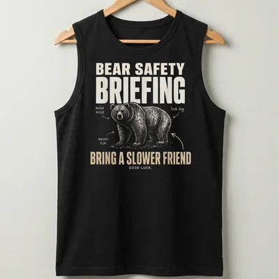 Illustrative t-shirt featuring a bear with humorous bear safety tips. — printed on a tank top