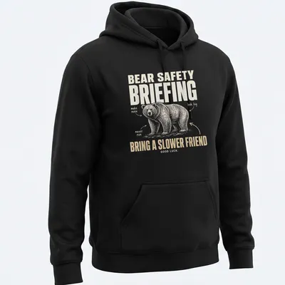 Illustrative t-shirt featuring a bear with humorous bear safety tips. — printed on a unisex hoodie