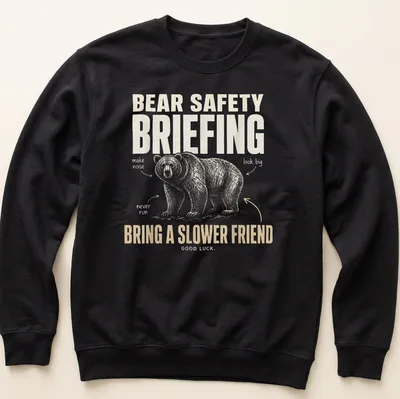 Illustrative t-shirt featuring a bear with humorous bear safety tips. — printed on a unisex sweatshirt