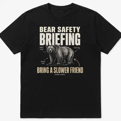 Illustrative t-shirt featuring a bear with humorous bear safety tips.