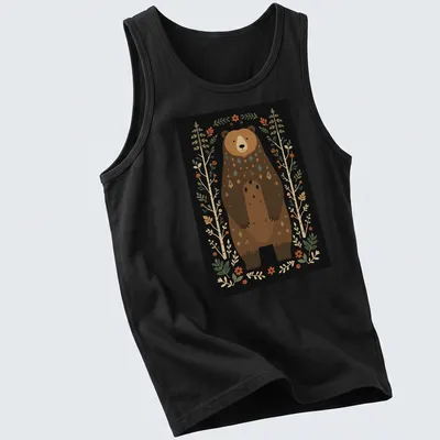 Illustration of a bear in Scandinavian folk art style with vibrant colors — printed on a tank top