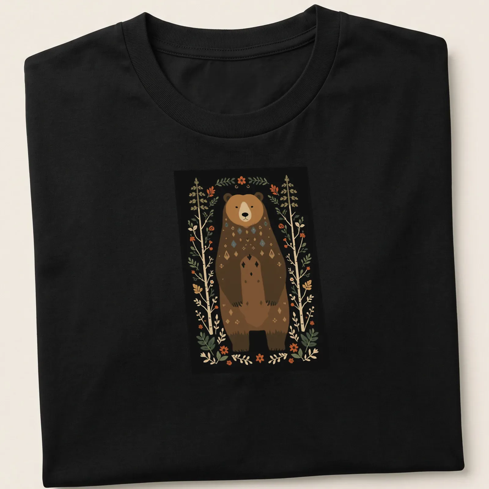 Illustration of a bear in Scandinavian folk art style with vibrant colors — printed on a unisex t-shirt