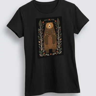 Illustration of a bear in Scandinavian folk art style with vibrant colors — printed on a women's shirt