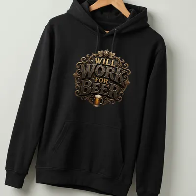 Vintage ornate t-shirt with a beer mug and the phrase Will Work For Beer — printed on a unisex hoodie