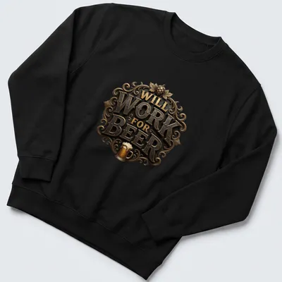 Vintage ornate t-shirt with a beer mug and the phrase Will Work For Beer — printed on a unisex sweatshirt