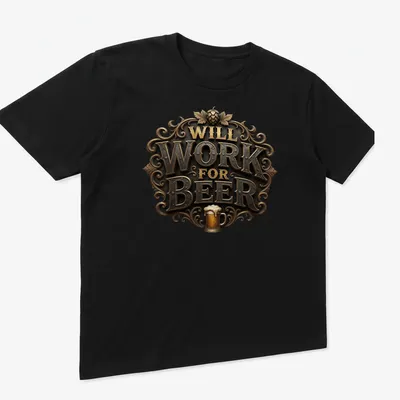 Vintage ornate t-shirt with a beer mug and the phrase Will Work For Beer — printed on a unisex t-shirt (angled view)