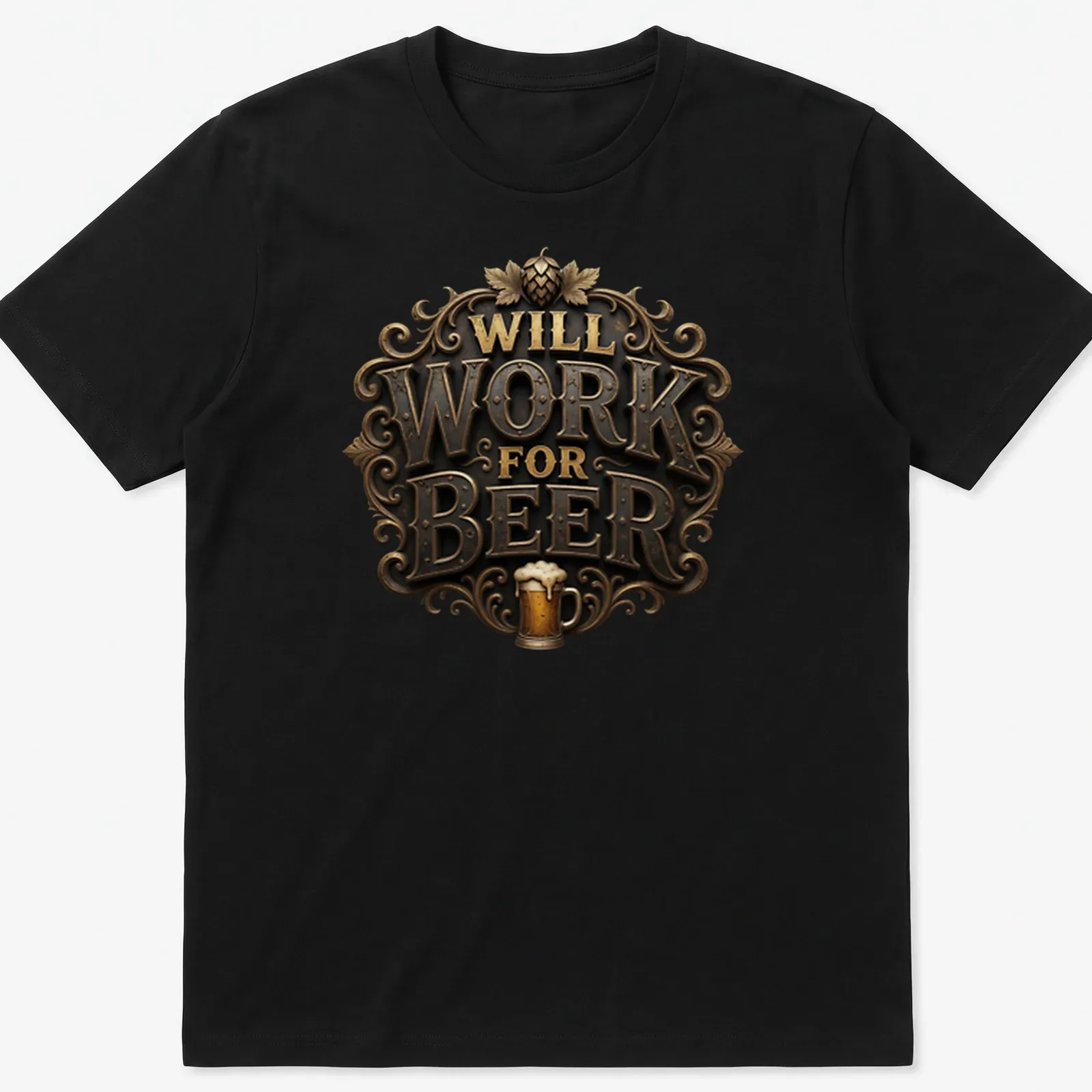 Vintage ornate t-shirt with a beer mug and the phrase Will Work For Beer — printed on a unisex t-shirt