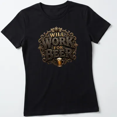 Vintage ornate t-shirt with a beer mug and the phrase Will Work For Beer — printed on a women's shirt