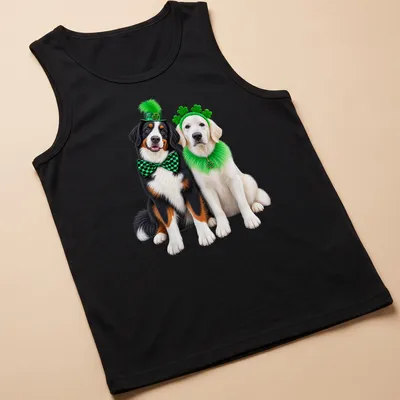 Festive St. Patrick's Day t-shirt featuring a Bernese Mountain Dog and Golden Retriever — printed on a tank top