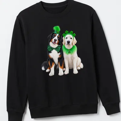 Festive St. Patrick's Day t-shirt featuring a Bernese Mountain Dog and Golden Retriever — printed on a unisex sweatshirt