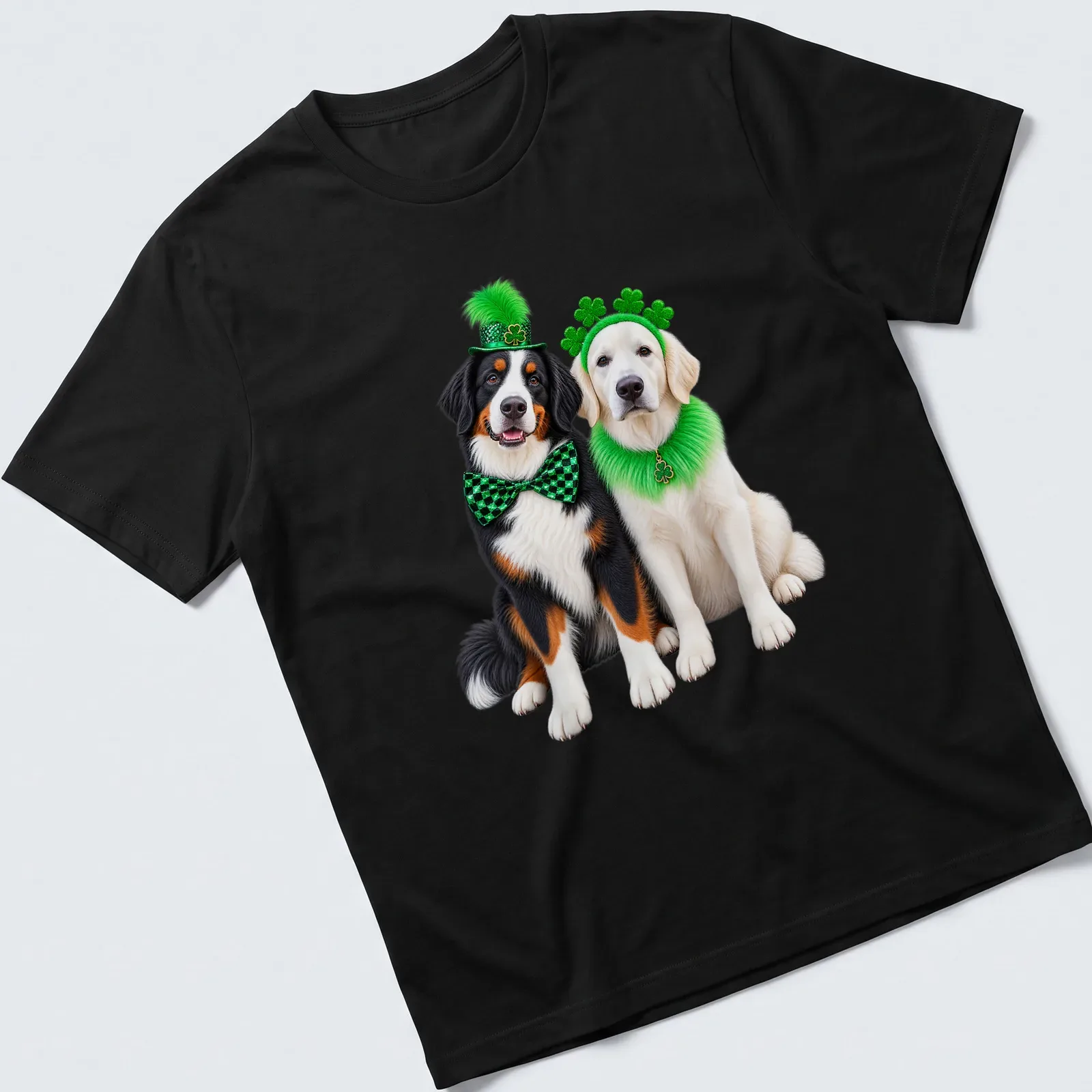 Festive St. Patrick's Day t-shirt featuring a Bernese Mountain Dog and Golden Retriever — printed on a unisex t-shirt