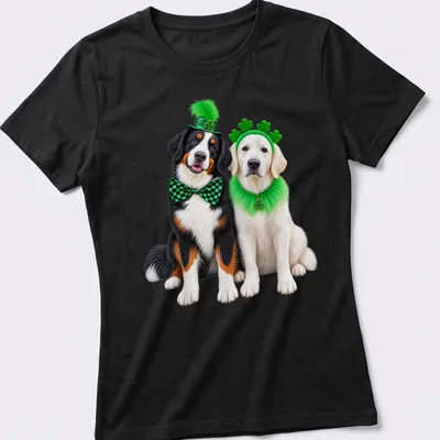 Festive St. Patrick's Day t-shirt featuring a Bernese Mountain Dog and Golden Retriever — printed on a women's shirt