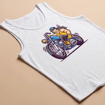Cartoon graphic of a biker riding a motorcycle with text 'Born To Ride' — printed on a tank top