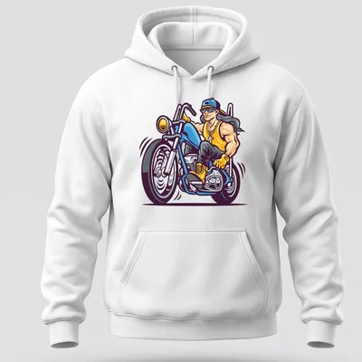 Cartoon graphic of a biker riding a motorcycle with text 'Born To Ride' — printed on a unisex hoodie