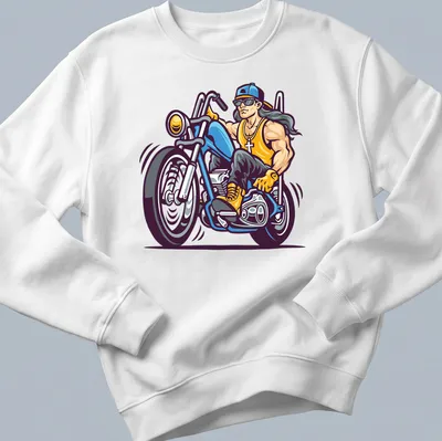 Cartoon graphic of a biker riding a motorcycle with text 'Born To Ride' — printed on a unisex sweatshirt