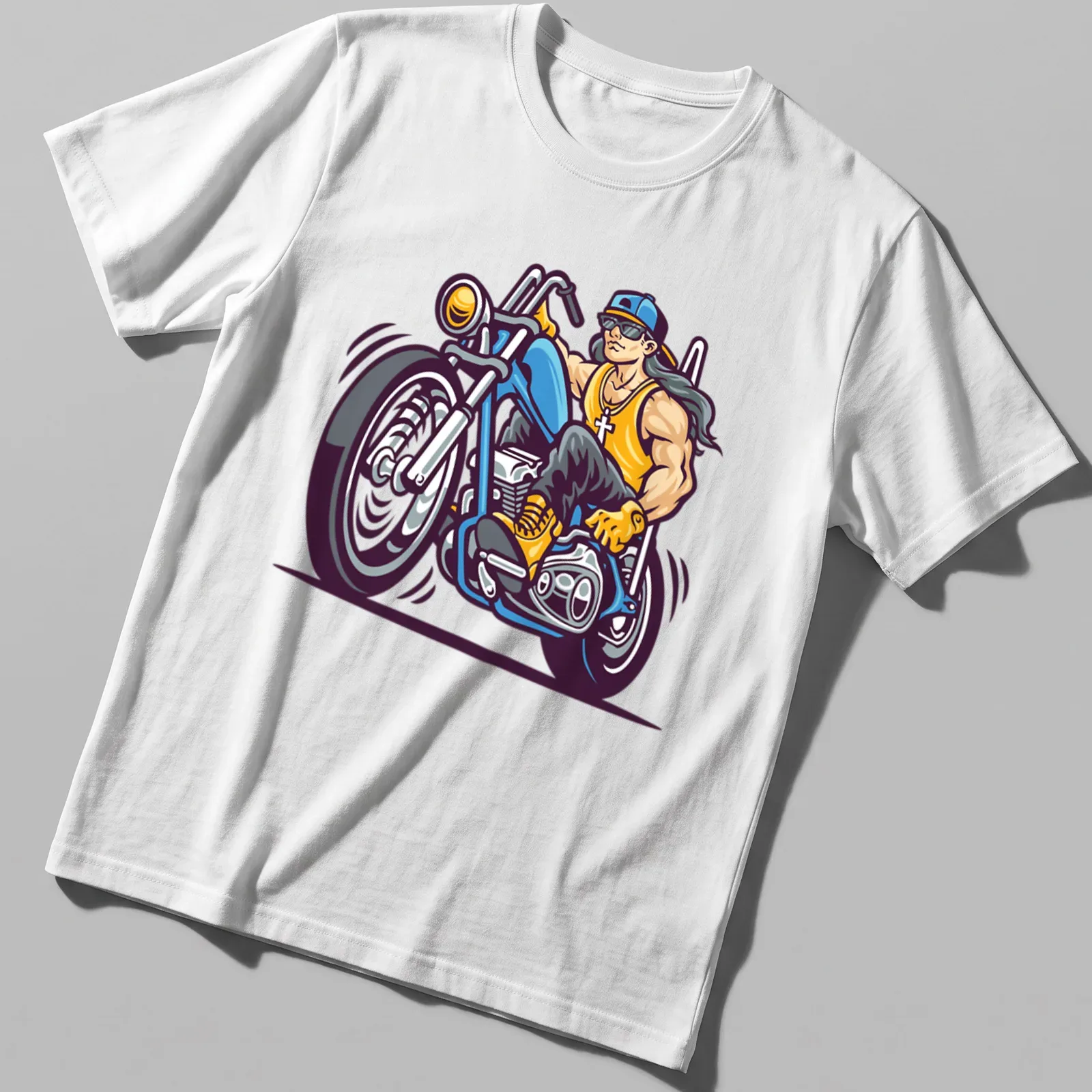 Cartoon graphic of a biker riding a motorcycle with text 'Born To Ride' — printed on a unisex t-shirt