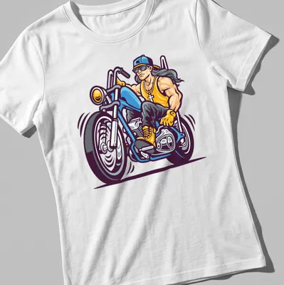 Cartoon graphic of a biker riding a motorcycle with text 'Born To Ride' — printed on a women's shirt