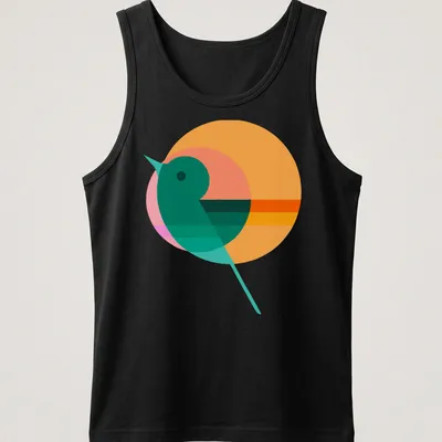Modern geometric illustration of a bird silhouette with colorful circle background — printed on a tank top