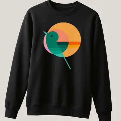 Modern geometric illustration of a bird silhouette with colorful circle background — printed on a unisex sweatshirt