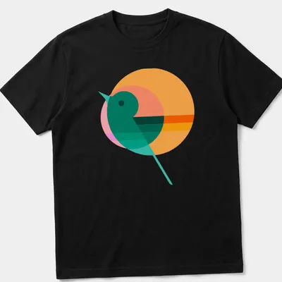 Modern geometric illustration of a bird silhouette with colorful circle background