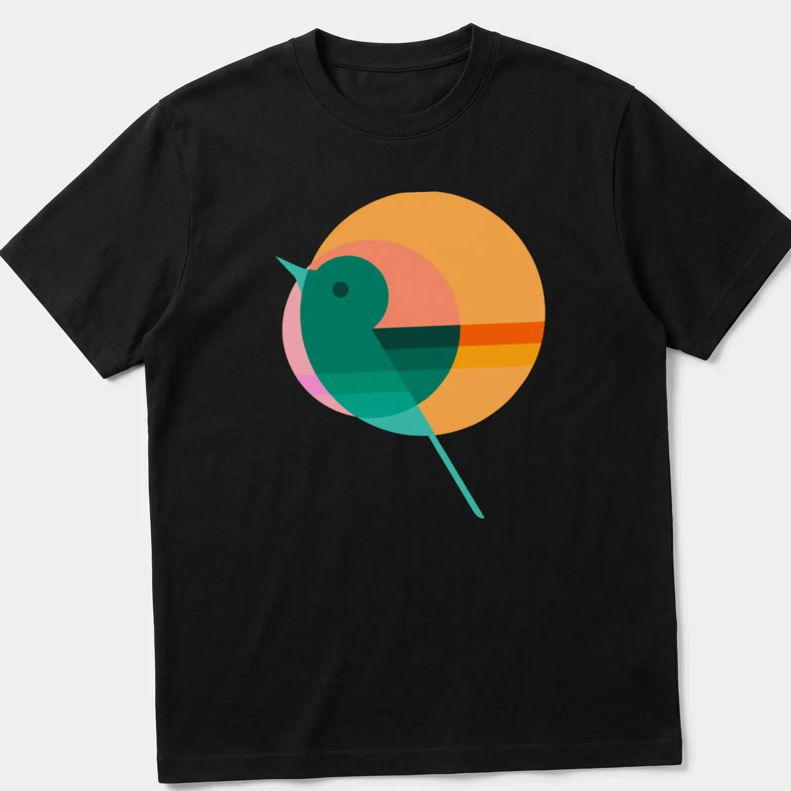 Modern geometric illustration of a bird silhouette with colorful circle background — printed on a unisex t-shirt