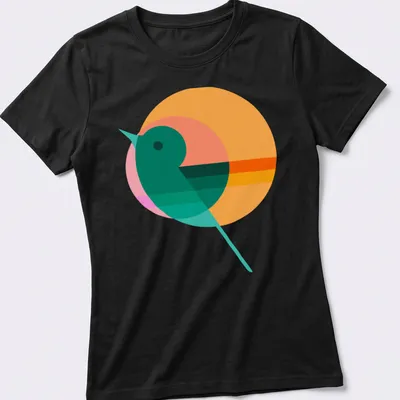 Modern geometric illustration of a bird silhouette with colorful circle background — printed on a women's shirt