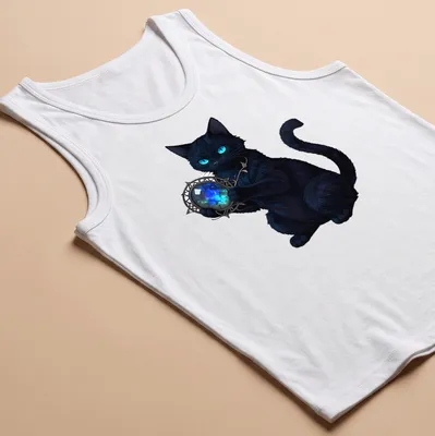 Anime style illustration of a black cat holding a mystical talisman in blue and cyan — printed on a tank top
