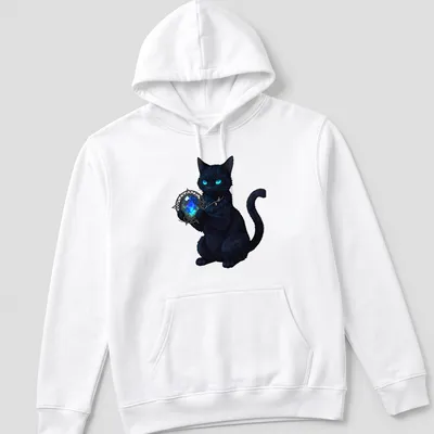 Anime style illustration of a black cat holding a mystical talisman in blue and cyan — printed on a unisex hoodie