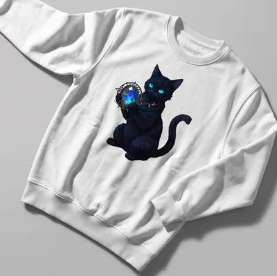 Anime style illustration of a black cat holding a mystical talisman in blue and cyan — printed on a unisex sweatshirt