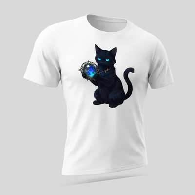 Anime style illustration of a black cat holding a mystical talisman in blue and cyan — printed on a unisex t-shirt (angled view)