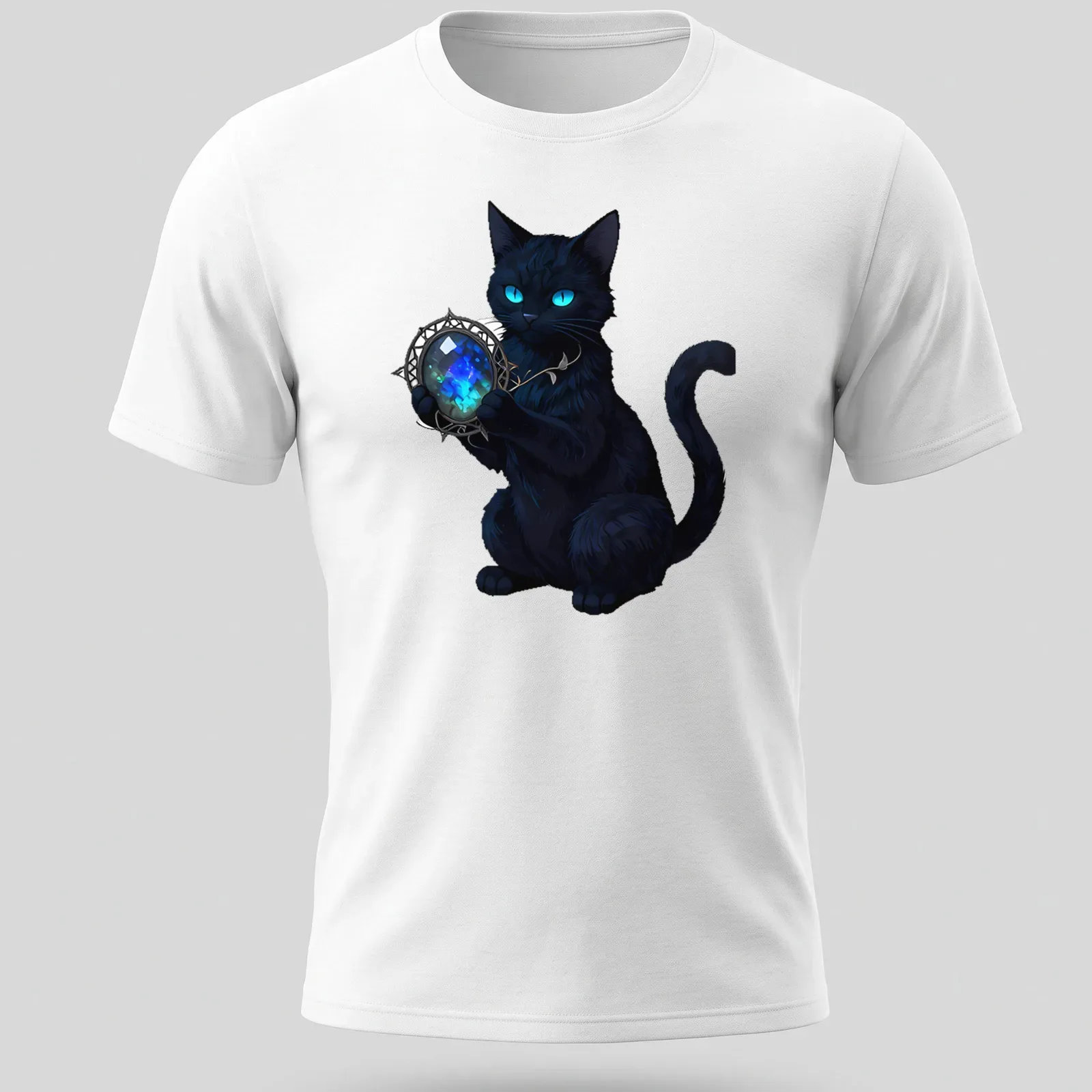 Anime style illustration of a black cat holding a mystical talisman in blue and cyan — printed on a unisex t-shirt
