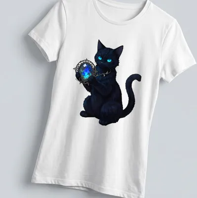 Anime style illustration of a black cat holding a mystical talisman in blue and cyan — printed on a women's shirt