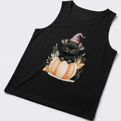 Watercolor print of a black cat in a pumpkin witch hat surrounded by autumn colors — printed on a tank top