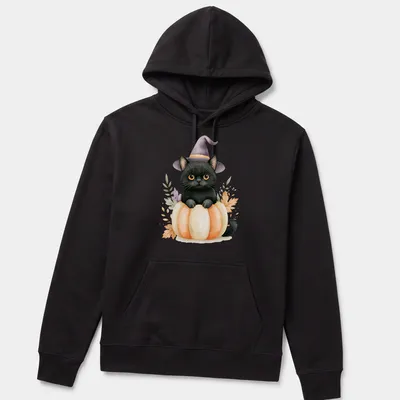 Watercolor print of a black cat in a pumpkin witch hat surrounded by autumn colors — printed on a unisex hoodie