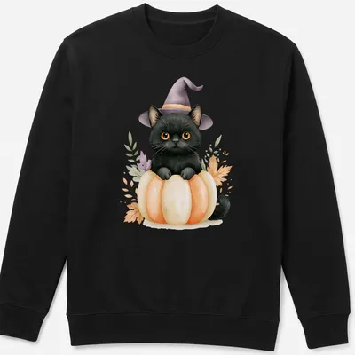 Watercolor print of a black cat in a pumpkin witch hat surrounded by autumn colors — printed on a unisex sweatshirt