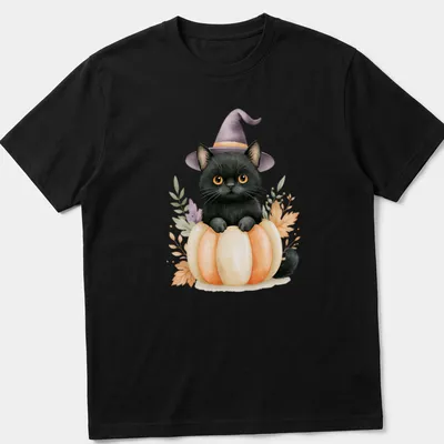 Watercolor print of a black cat in a pumpkin witch hat surrounded by autumn colors