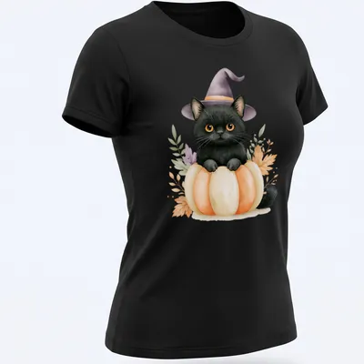 Watercolor print of a black cat in a pumpkin witch hat surrounded by autumn colors — printed on a women's shirt